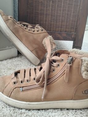 UGG Tan Leather Shearling High-Top Sneakers